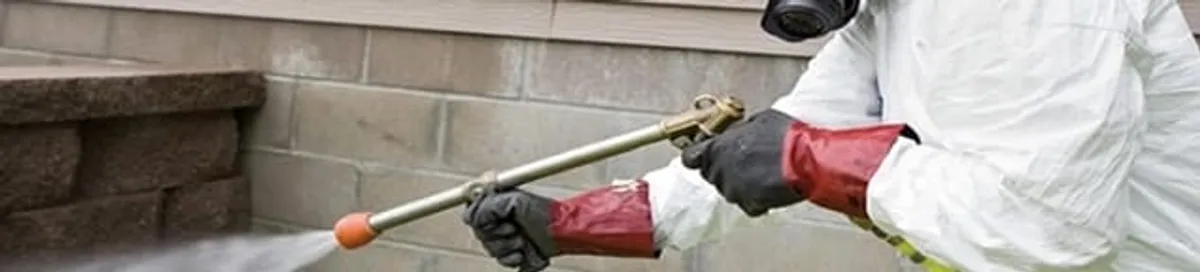 Pest control technician applying exterior insect treatment along a home foundation in Minneapolis, MN